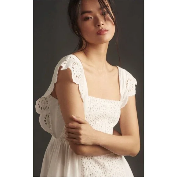 English Factory Midi Dress White Sleeveless Square Neck Eyelet Preppy  Medium NWT